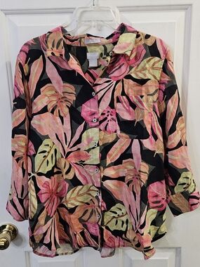 Chico's Freshchic Tropical Print Linen Shirt Blouse Wmn's 14 Size